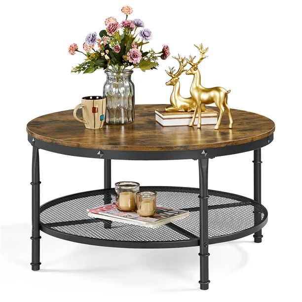 SmileMart Modern Round Metal Coffee Table with Storage Shelf, Black/Rustic Brown - Walmart.com | Walmart (US)