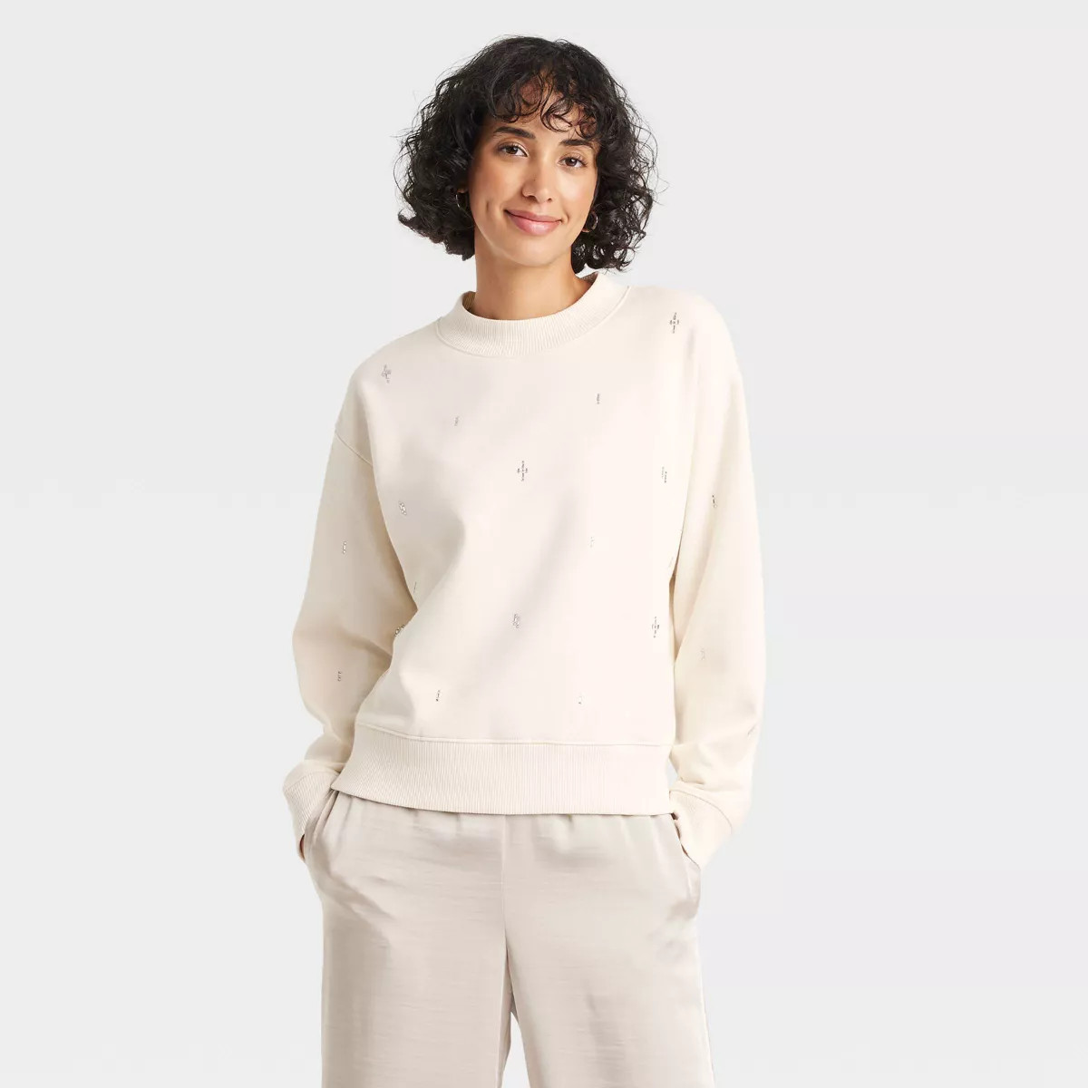 Women's Rhinestone Sweatshirt - A New Day™ Cream 3X | Target