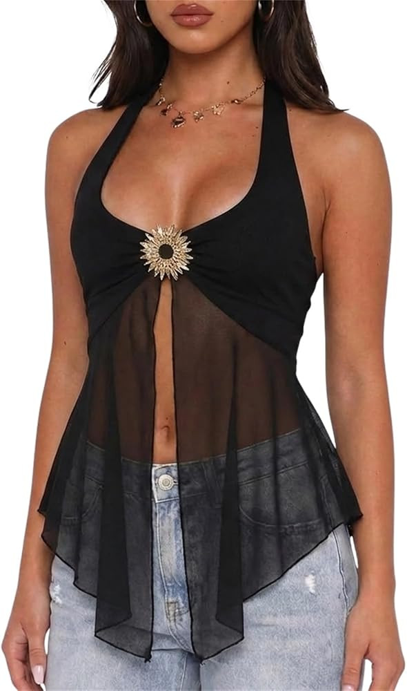 Usweetie Women Y2K Sexy Sheer Mesh Flowy Halter Top | Amazon (US)