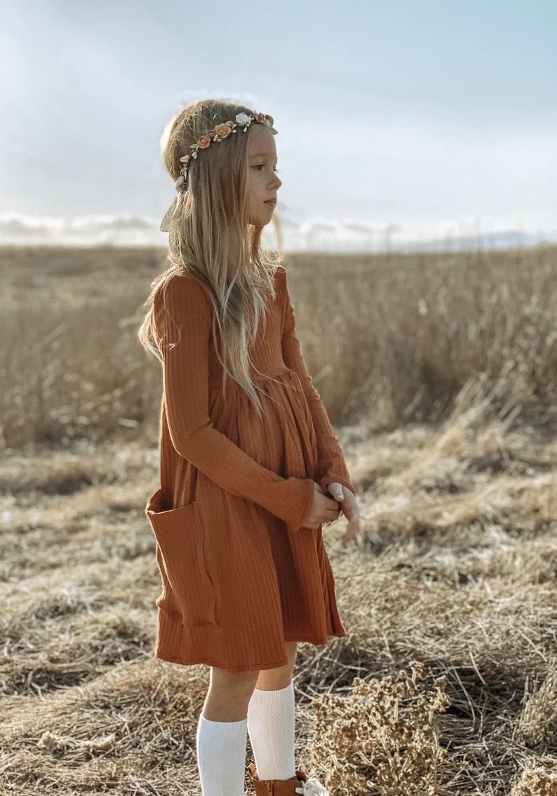 Rust Twirl Dress  Baby Girl Toddler Knit Oversized Pocket - Etsy | Etsy (US)