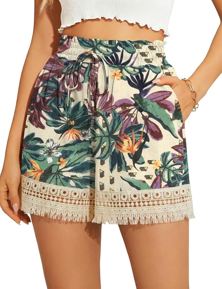 AKEWEI Womens Elastic High Waist Cotton Shorts Casual Ladies Drawstring Lace Summer Beach Shorts | Amazon (US)
