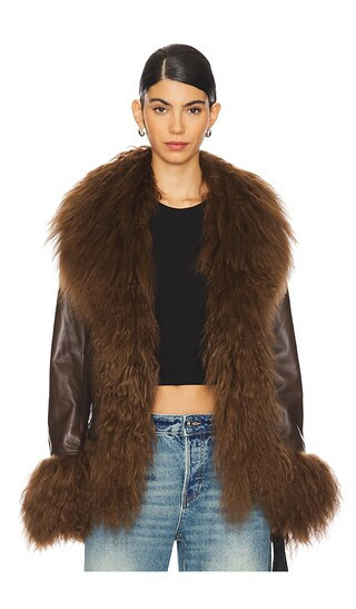 Susanna Chow Dorothy Leather Coat With Fur Trim in Brown. - size 3XL | Revolve Clothing (Global)