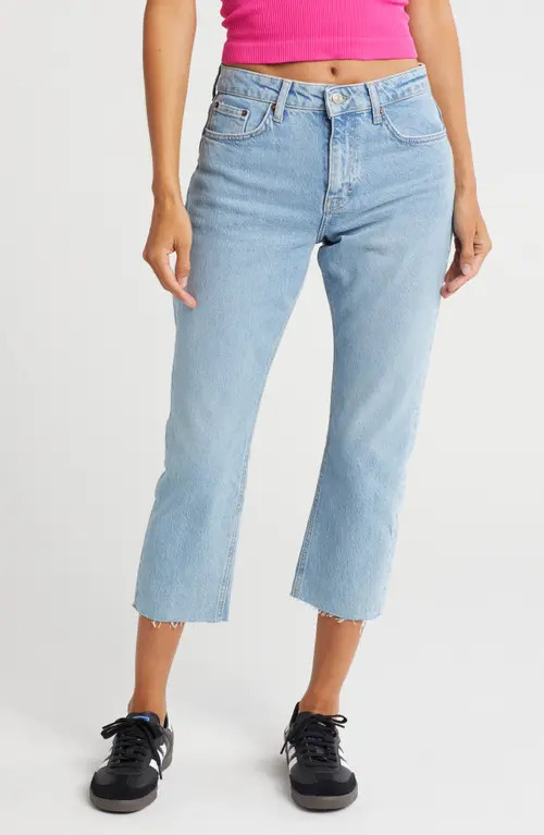 Topshop Mid Rise Raw Hem Straight Leg Jeans in Bleach at Nordstrom, Size 28 | Nordstrom