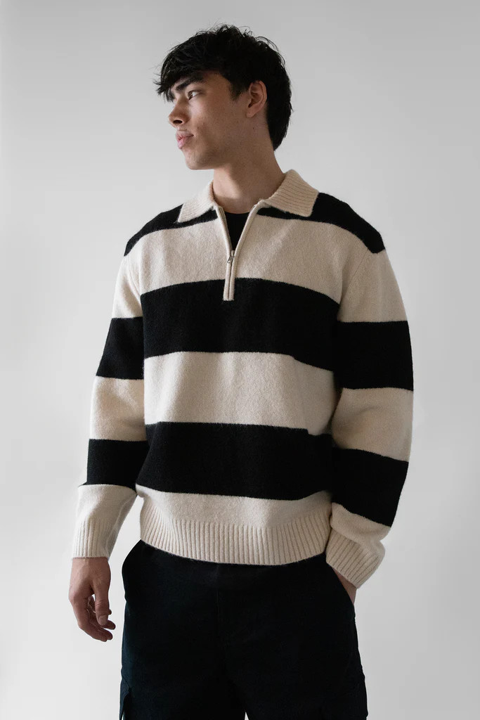 STRIPED RUGBY POLO SWEATER | OAK + FORT