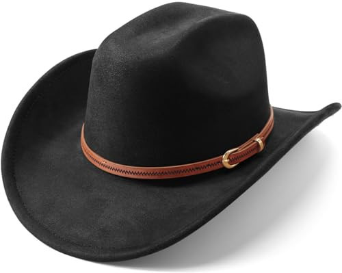 DRESHOW Cowboy Hat for Women and Men Wide Brim Western Cowboy Cowgirl Hat with Belt Buckle Unisex Rolled up Caps Black | Amazon (US)