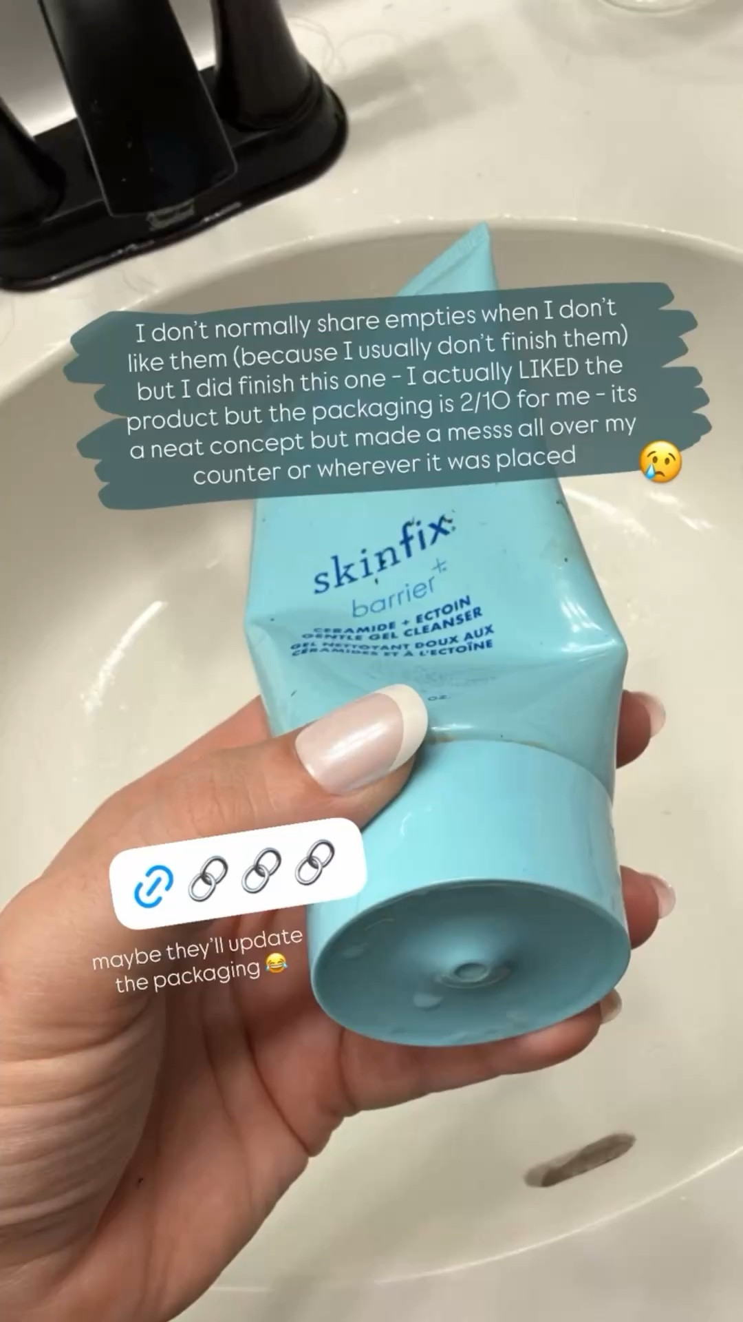 @skinfix 😢  I don’t normally share empties when I don’t like them (because I usually don’t finish them) but I did finish this one - I actually LIKED the product but the packaging is 2/10 for me - its a neat concept but made a messs all over my counter or wherever it was placed  maybe they’ll update 
the packaging 😂