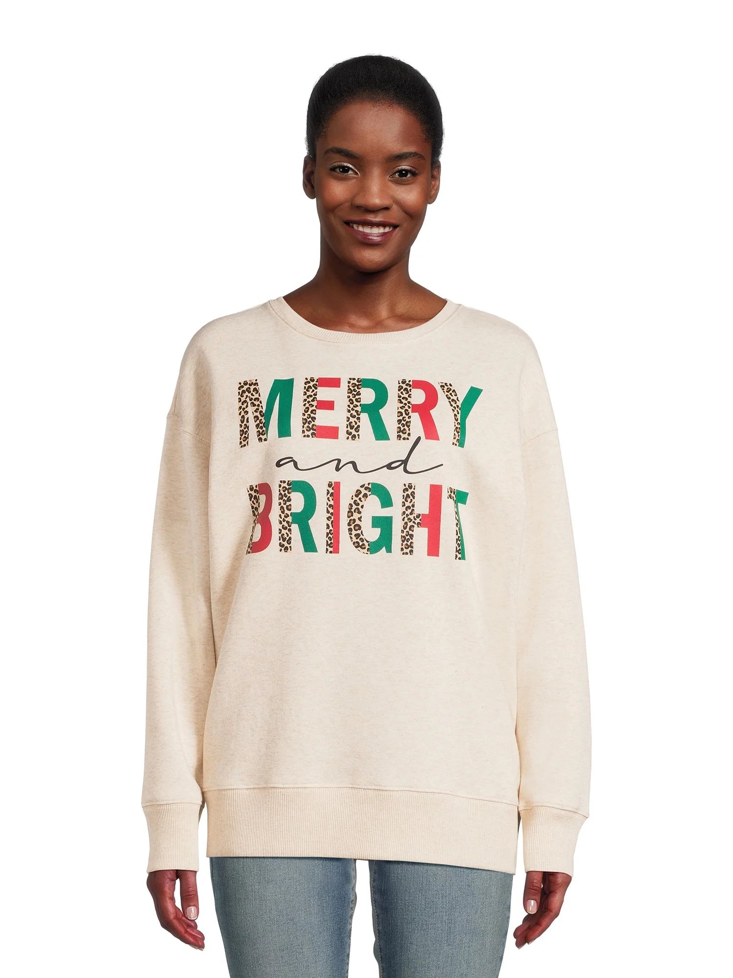 Women's Christmas Merry Bright Long Sleeve Pullover, Fleece Graphic Sweatshirt from Holiday Time,... | Walmart (US)