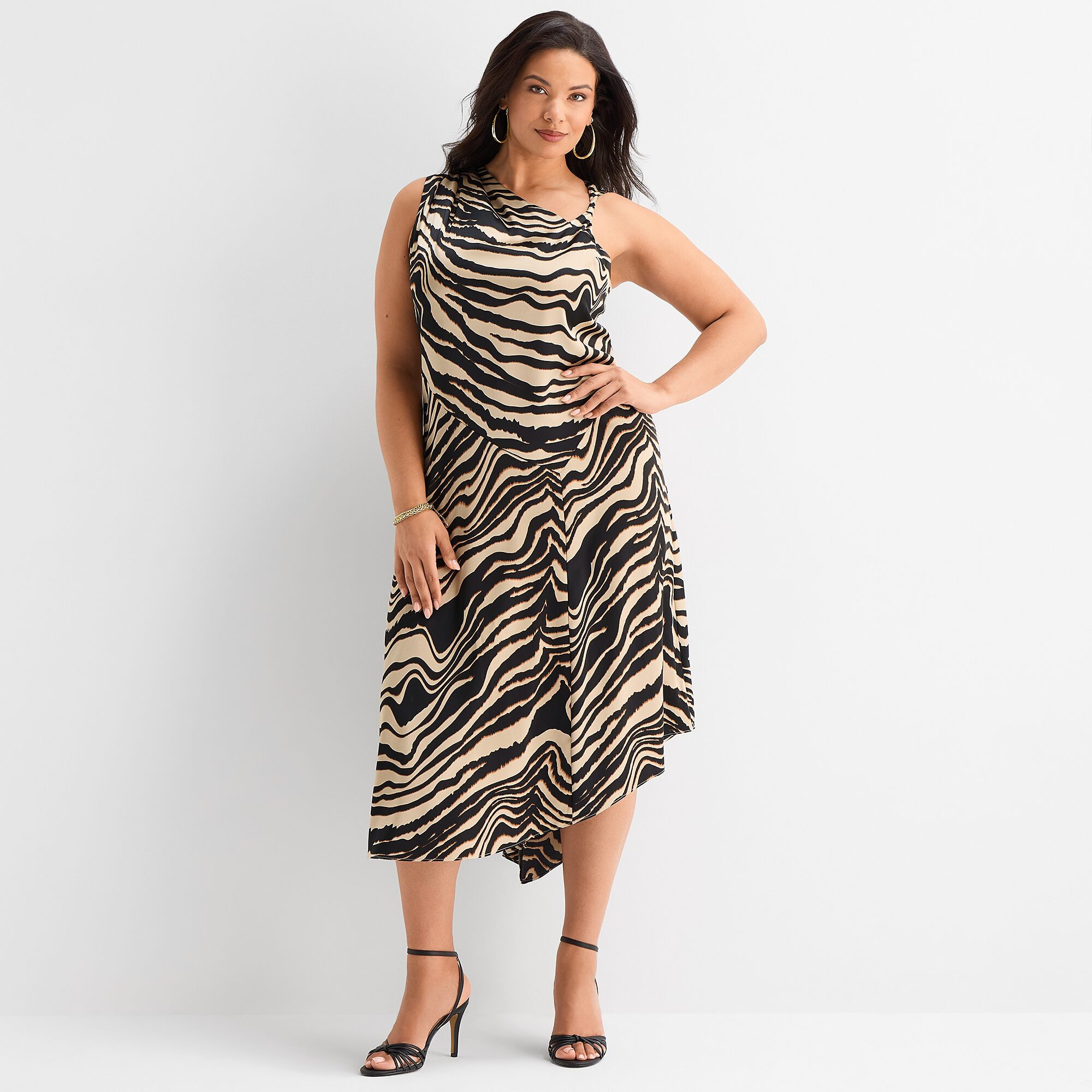 Ashley Graham Womens Plus Asymmetrical Neck Sleeveless Satin Animal Print Dress | JCPenney