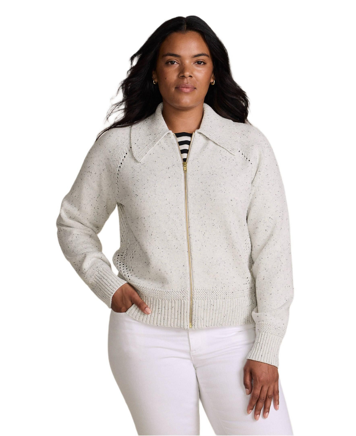 Lands' End Plus Size Drifter Large Collar Zip Front Cardigan Sweater - Pale gray heather donegal | Macy's