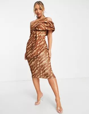 ASOS DESIGN peekaboo shoulder tuck midi pencil dress in geo print | ASOS (Global)