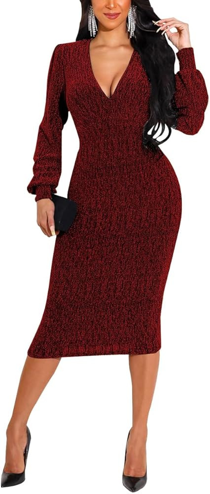 Women's Elegant Bodycon Long Dresses Deep V Neck Long Sleeves Club Night Party Midi Dress | Amazon (US)