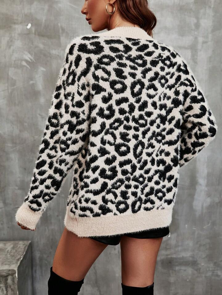 SHEIN Frenchy Leopard Pattern Drop Shoulder Cardigan | SHEIN