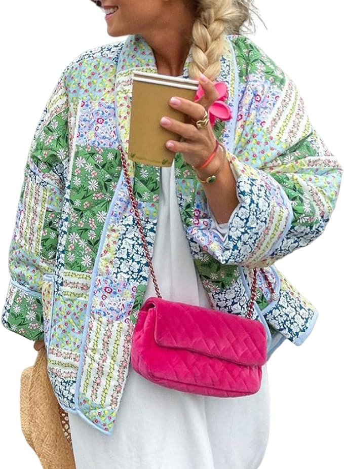 Women Open Front Puffer Jacket Vinatge Floral Print Crop Quilted Cardigan Y2k Patchwork Padded Co... | Amazon (US)