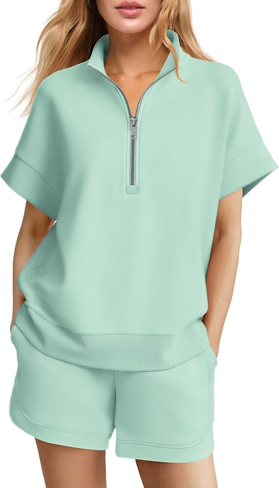 Yanekop Womens Lounge Sweat Set Sweatsuits 2 Piece Short Set Oversized Half Zip Tops and Shorts A... | Amazon (US)