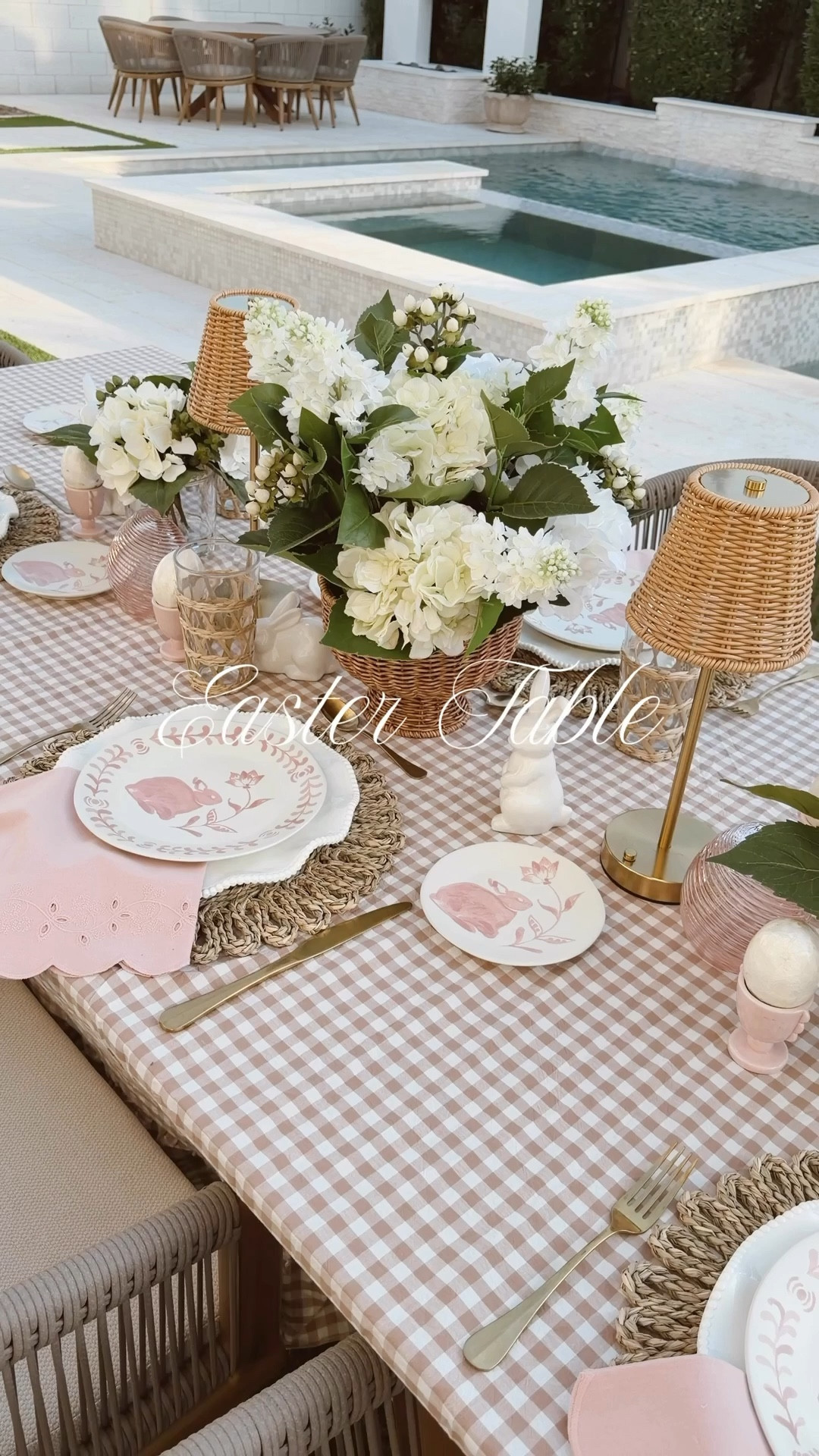 Easter Table 2026 🐰 Neutral tones with the sweetest touch of pink for Easter brunch 🤍🐰 #easter #eastertable #easterdecor #easterbrunch #poolparty #pool #springdecor 

#LTKHome #LTKSaleAlert #LTKSeasonal