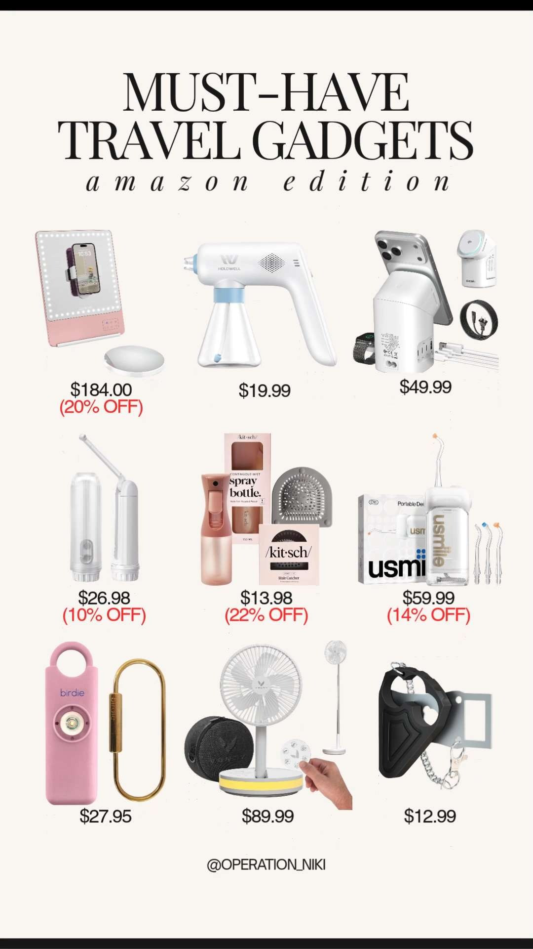 Whether you are hitting the airport for a quick weekend escape or packing for a long travel day, having the right smart tools makes your entire journey feel completely smooth and stress-free. ✨ When your essentials are organized and ready to go, you can fully enjoy the adventure.



This ultimate travel lineup includes everything you need to stay pristine and prepared on the go. From aesthetic light-up travel mirrors and portable wireless chargers to compact personal fans, travel-friendly water flossers, and handy spray bottles, these pieces elevate your packing game. There are even top-tier safety essentials like the Birdie personal alarm to give you total peace of mind while exploring new spots.



Shop this entire travel gadget lineup linked below! 🛒



Follow for more @OPERATION_NIKI on IG, TikTok, & Facebook

#AmazonFinds #TravelGadgets #OperationNiki #AmazonTravel #TravelEssentials #PackingHacks #SmartTravel #TravelSafety #OrganizedTravel #ShoppingHaul 

 #LTKSaleAlert #LTKTravel
