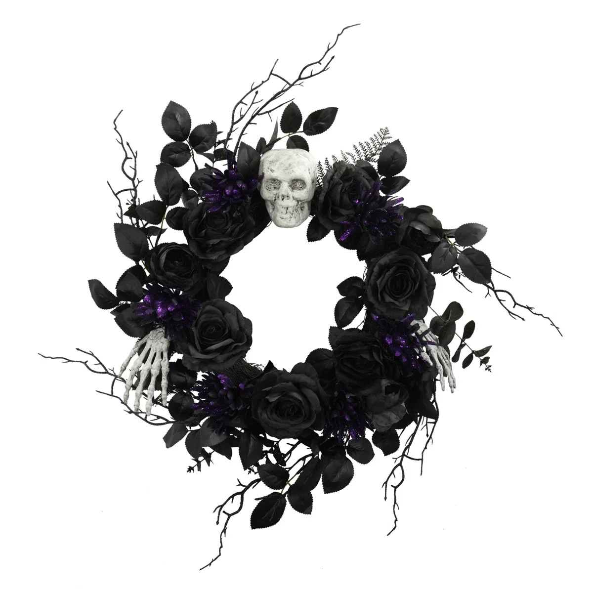 Halloween LED Skull Wreath with Black Roses \u2013 Spooky Gothic Wall Decor with Purple Lights | Wayfair North America
