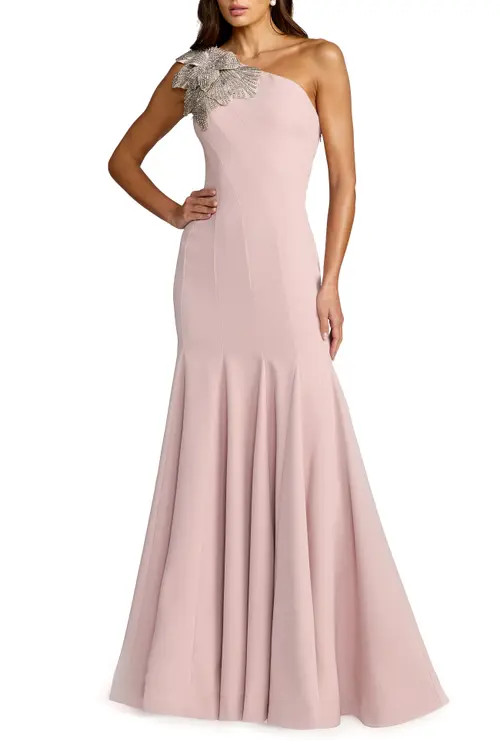 Mac Duggal Women's Crepe One Shoulder Gown With Flower Detail in Rose at Nordstrom, Size 16 | Nordstrom
