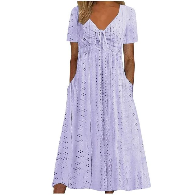 Ygbgbb Womens Dresses Fashion Solid Color Short Sleeve Summer Dresses Bandage V-Neck Eyelet Casua... | Walmart (US)