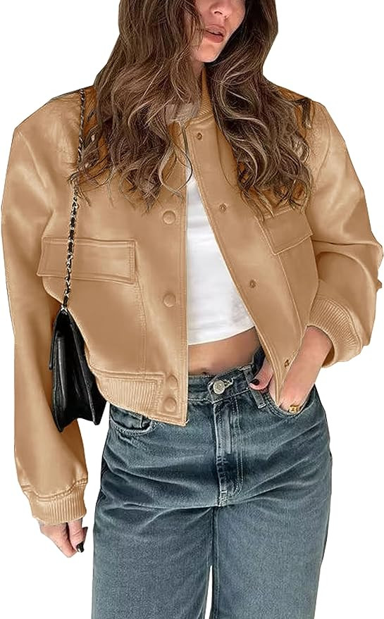 Womens Cropped Bomber Jacket Button Down Varsity Jackets Shackets with Pockets | Amazon (US)