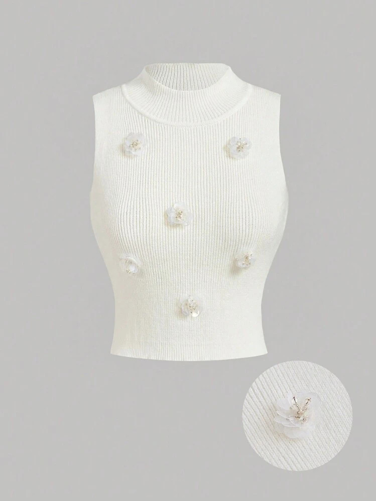 SHEIN MOD Women's White Knit Sweater Vest With Stand Collar,3D Flower Decoration,White Floral,Sum... | SHEIN