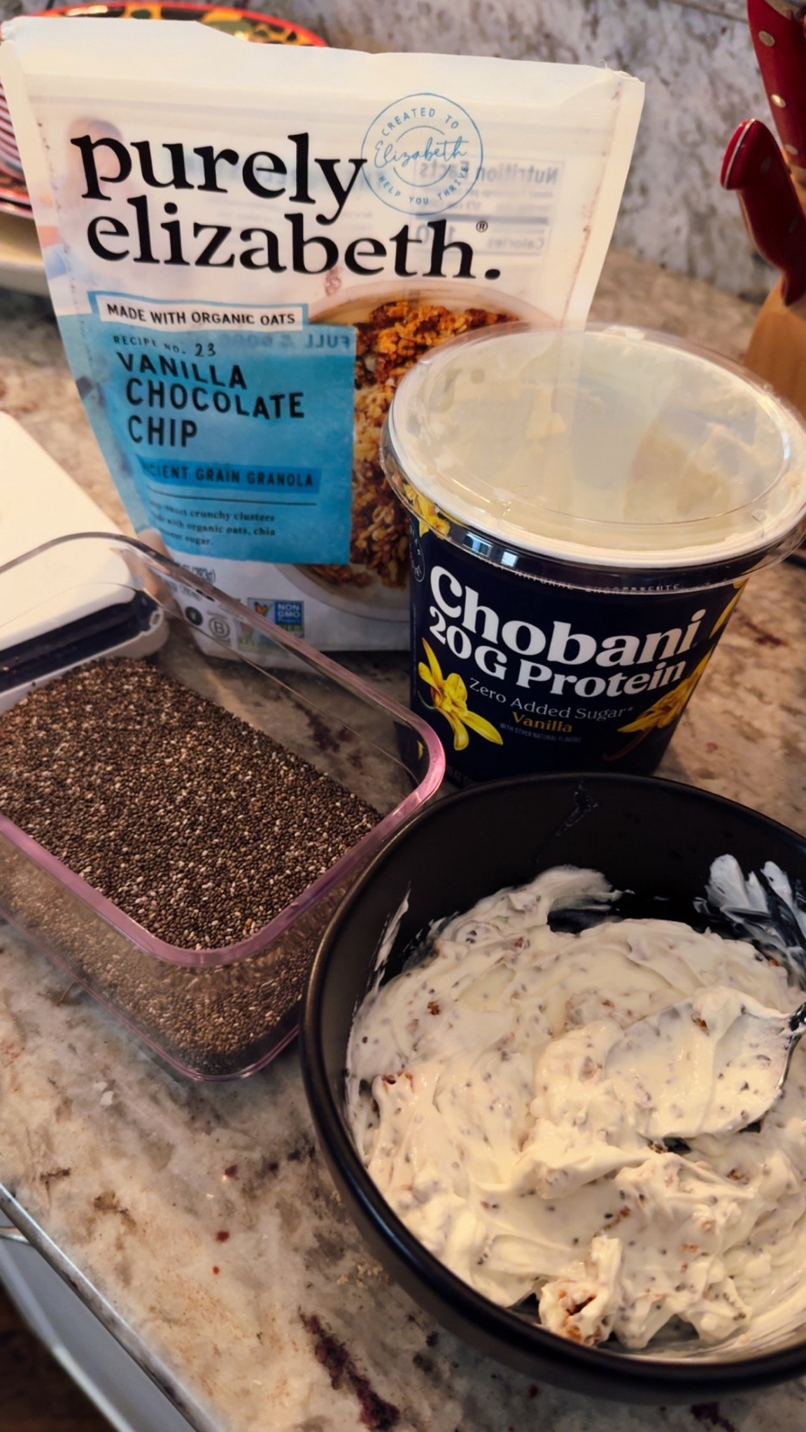 The perfect high protein, high fiber breakfast!

Chobani vanilla yogurt - 20g protein!!!
Purely Elizabeth granola 😍
Chia seeds for fiber!

#LTKActive #LTKFamily
