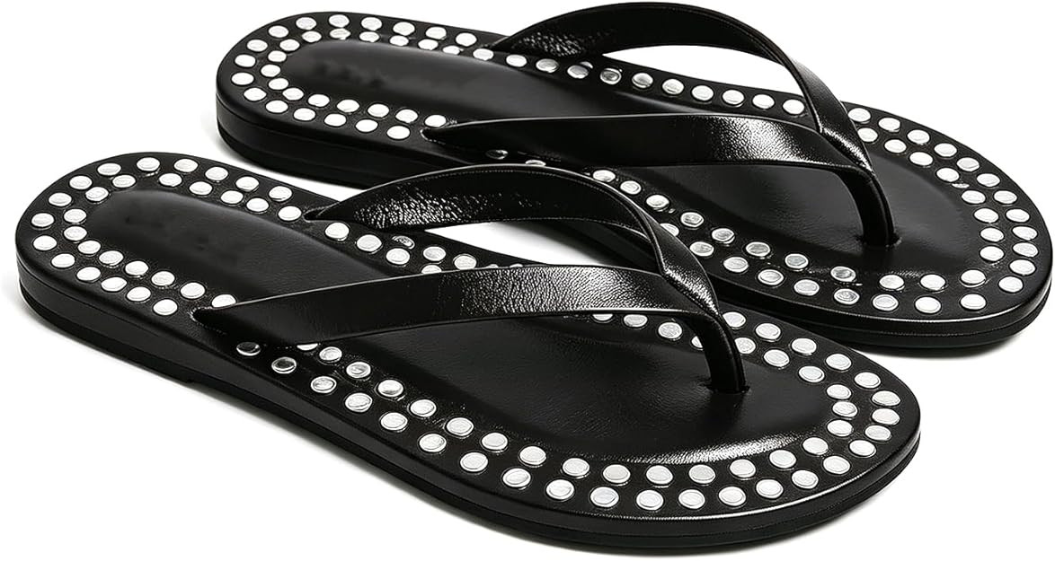 Studded Flip Flops for Woman Leather Open Round Toe Flat Thong Sandals Fashion Summer Beach Slide... | Amazon (US)