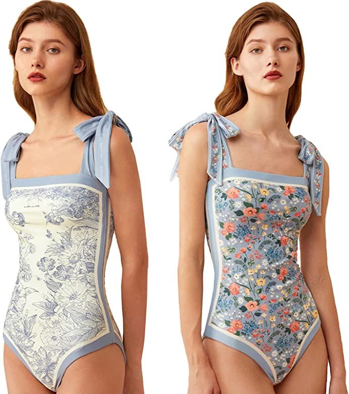 Floral One Piece Bathing Suits for Women Swimsuits Tummy Control,Reversible Tie Shoulder Monokini... | Amazon (US)