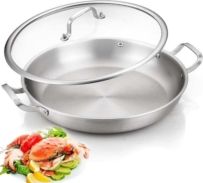 DELARLO Paella Pan 14 Inch Tri-Ply Stainless Steel Paella Pan with Lid, Jumbo Frying Pan, kitchen... | Amazon (US)
