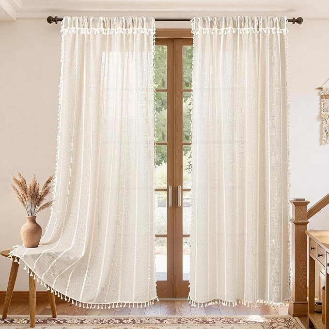 Boho Linen Texture Curtains with Tassels, Natural, 52Wx84L | 2 Panel Set with Embroidered Stripe,... | Amazon (US)