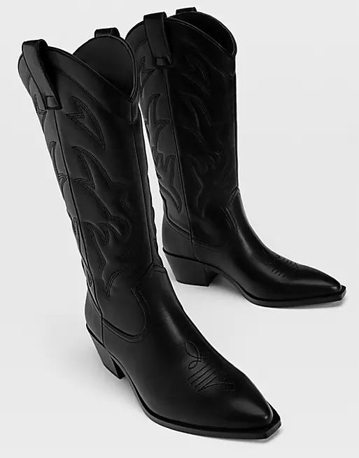 Stradivarius knee high western boot in black | ASOS (Global)