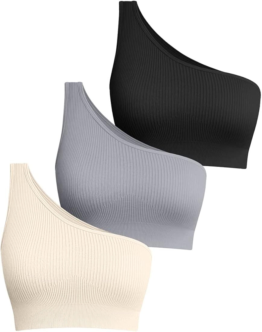 OQQ Women's 3 Piece Medium Support Crop Top One Shoulder Ribbed Seamless Removable Cups Workout Exer | Amazon (US)