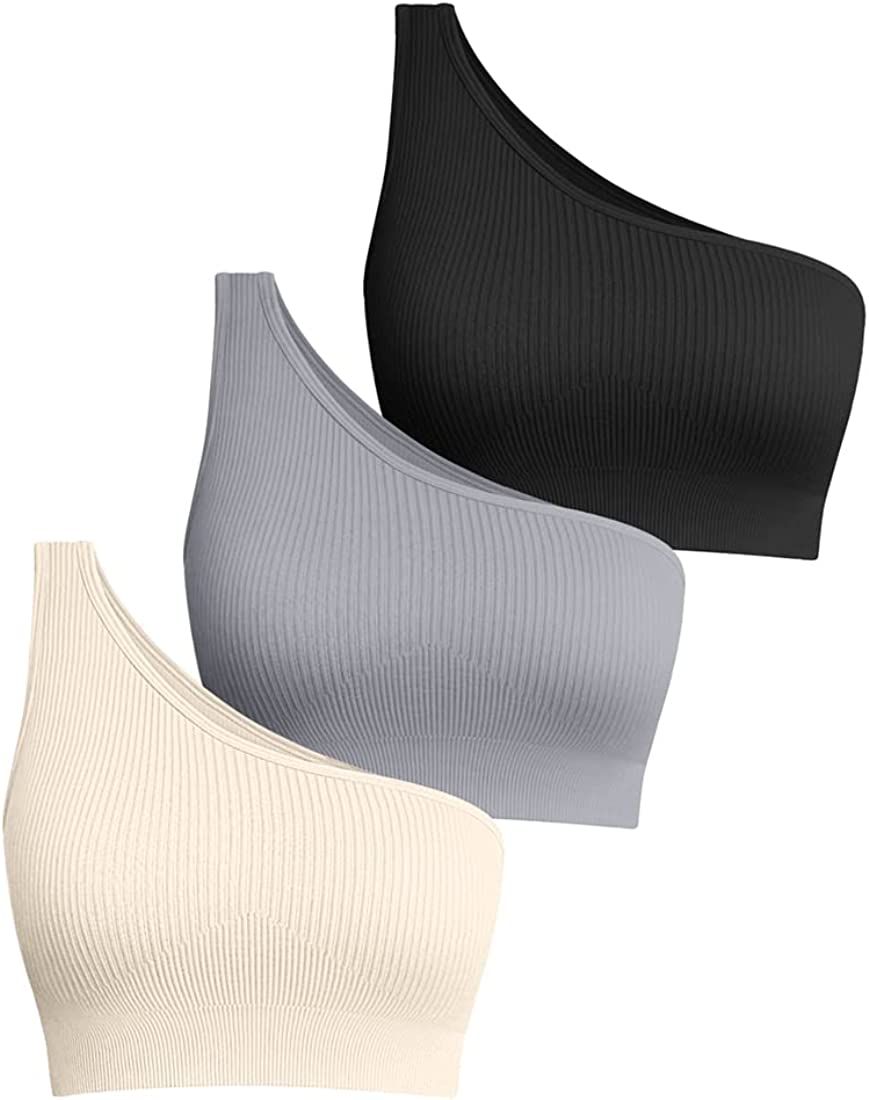 OQQ Women's 3 Piece Medium Support Crop Top One Shoulder Ribbed Seamless Removable Cups Workout Exer | Amazon (US)