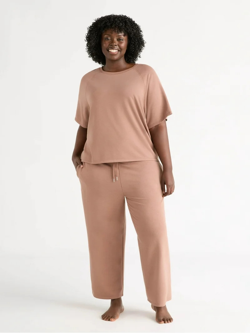 Joyspun Women's French Terry Short Sleeve Top and Capri Pants Pajama Set, 2-Piece, Sizes XS-3X | Walmart (US)
