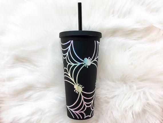 Spider Web Matte Black Tumbler With Straw  Fall Themed Iced - Etsy | Etsy (US)