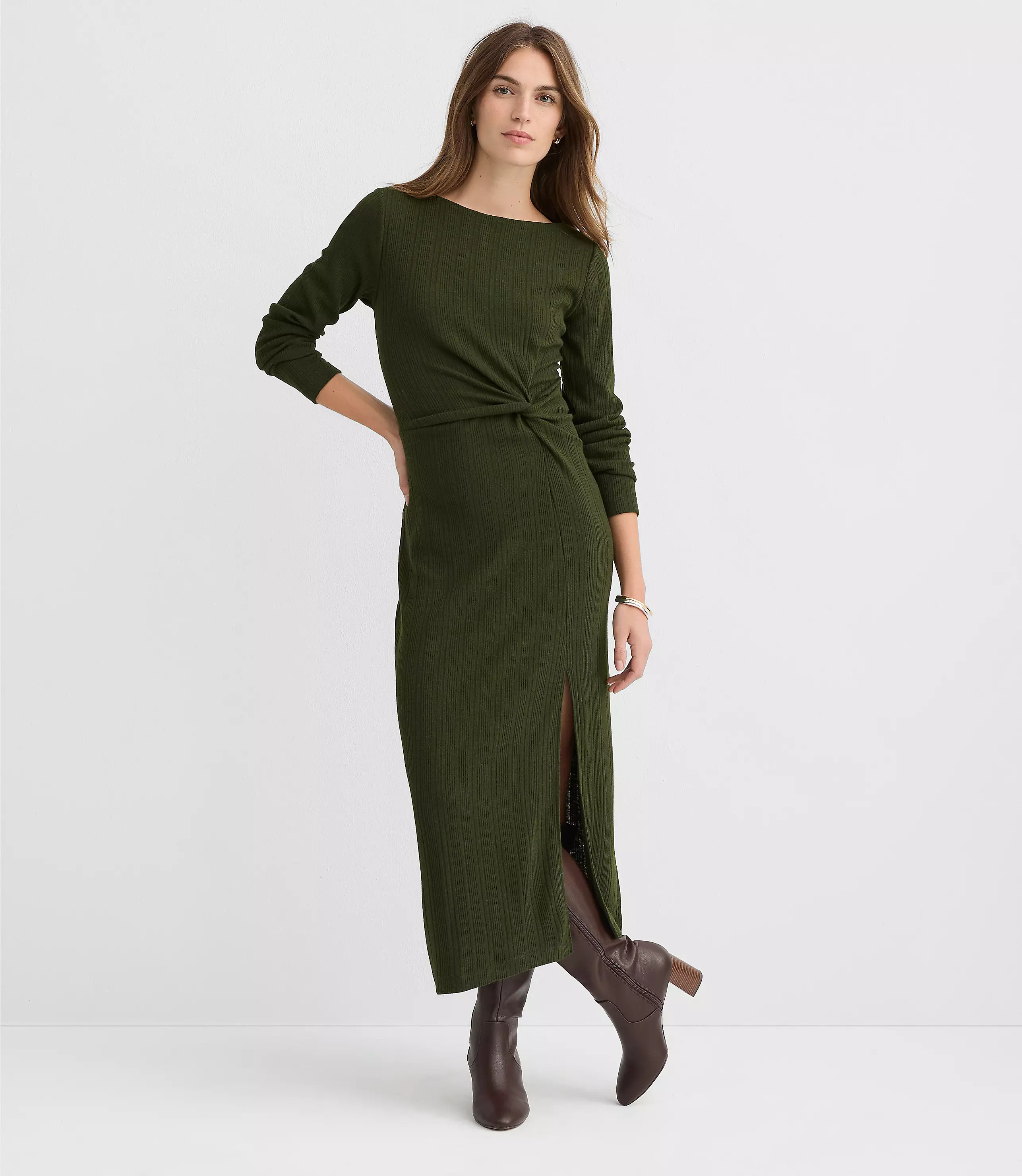 Ribbed Side Twist Midi Dress | LOFT