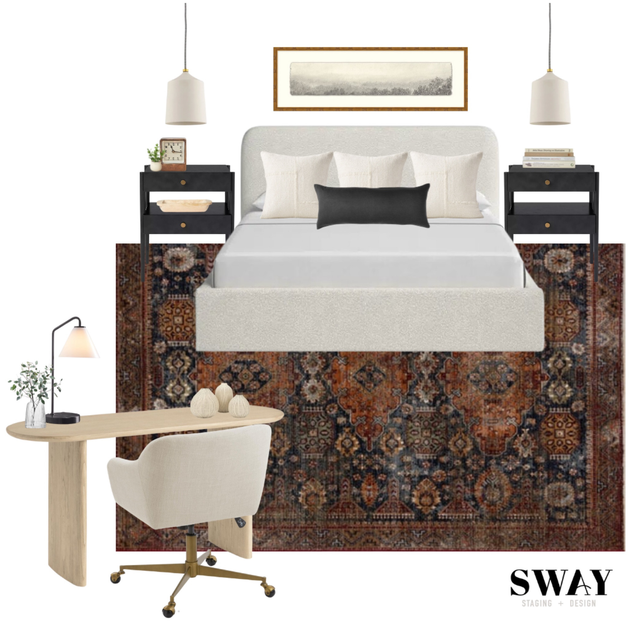 Bedroom mood board design✨

Primary bedroom, nightstands, pendant lighting, desk, chair, rug, bedding, decor, styling 

#LTKhome #LTKsalealert #LTKstyletip