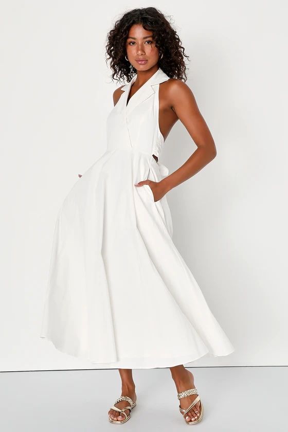 Newport Summer White Collared Sleeveless Midi Dress With Pockets | Lulus (US)
