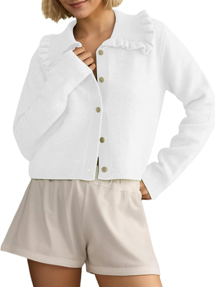 Women Ruffle Collar Button Down Cropped Cardigan Long Sleeve Open Front Knit Sweaters Peplum Swea... | Amazon (US)