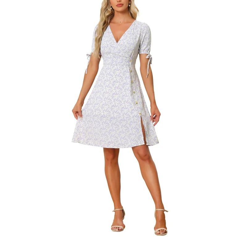 Allegra K Women's Floral Boho Wrap V Neck Short Sleeve A-Line Summer Dress | Walmart (US)