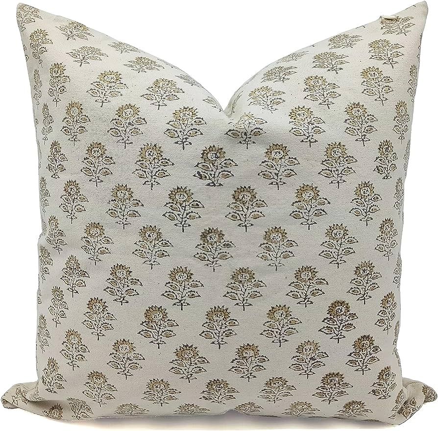 Fabritual Thick Cotton Throw Pillow Cover Handmade Cushion Zip Cover Floral Print with Boho Design (Yellow,14X14 INCH)-Bb | Amazon (US)