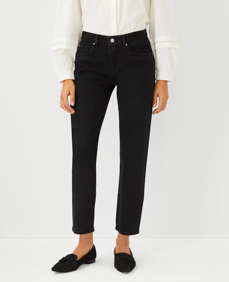 Sculpting Pocket Mid Rise Taper Jeans in Black | Ann Taylor (US)