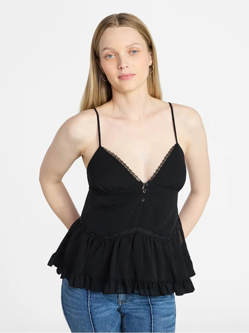 No Boundaries Button Front Ruffle Lace Trim Cami Top, Women's XXS-XXL | Walmart (US)