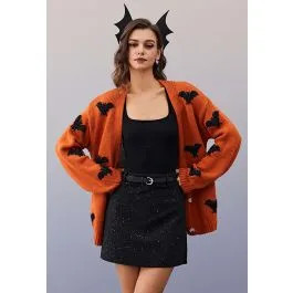 Mystic Bats Patch Buttoned Knit Cardigan in Pumpkin Halloween Costumes | Chicwish