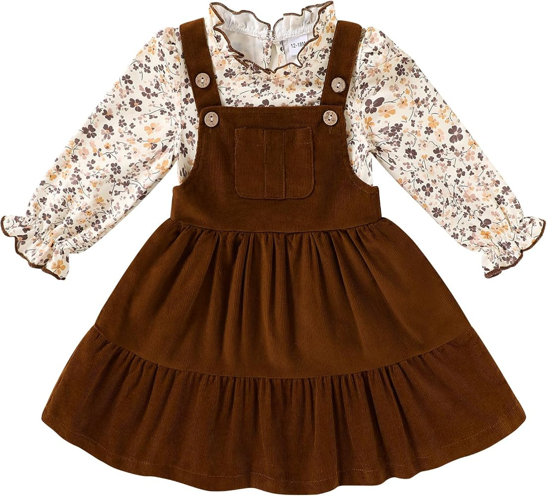 Happy Town Toddler Girl Clothes Long Sleeve Fall Outfits Ruffle Ribbed Floral Tops Overall Dress ... | Amazon (US)