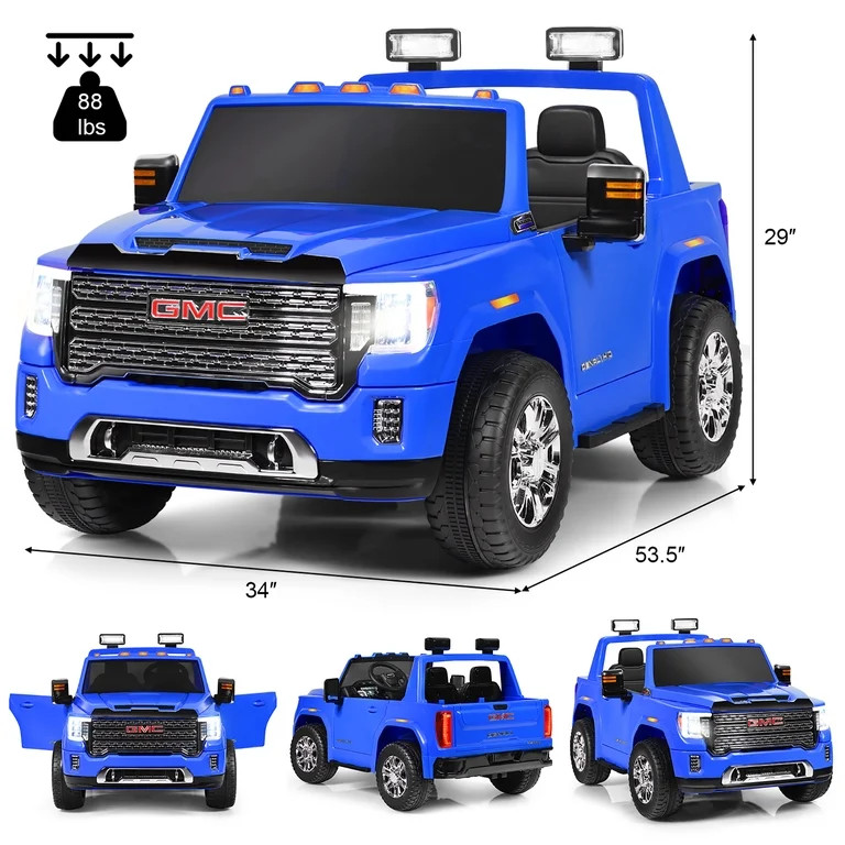 12V 2-Seater Licensed GMC Kids Ride On Truck RC Electric Car w/Storage Box Blue - Walmart.com | Walmart (US)