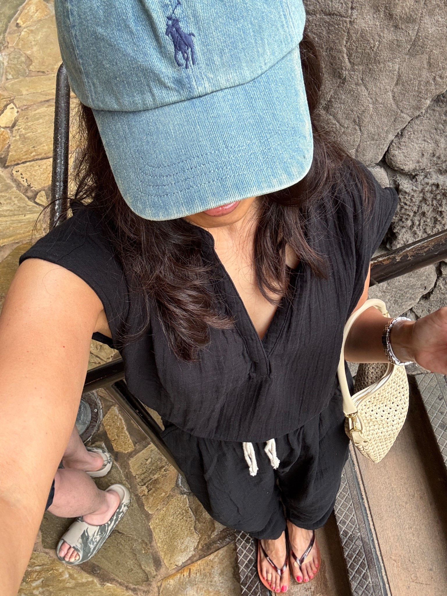 Vacation outfit. Spring break. 
Gauze set. All cotton. Gauze top and cute drawstring barrel gauze pants. Both top and bottoms true to size. 
Denim hat. Denim cap. Denim baseball cap. Adjustable. 
Comfy flip flops. 
Woven leather bag  

#LTKootd #LTKTravel #LTKOver40