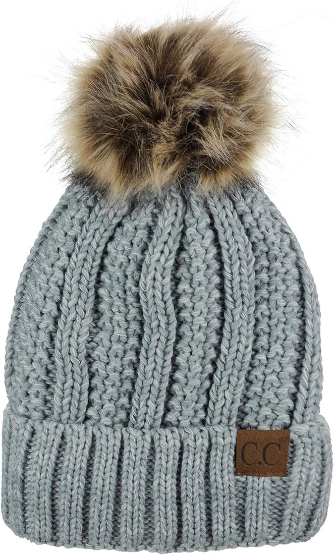 C.C Thick Cable Knit Faux Fuzzy Fur Pom Fleece Lined Skull Cap Cuff Beanie | Amazon (US)