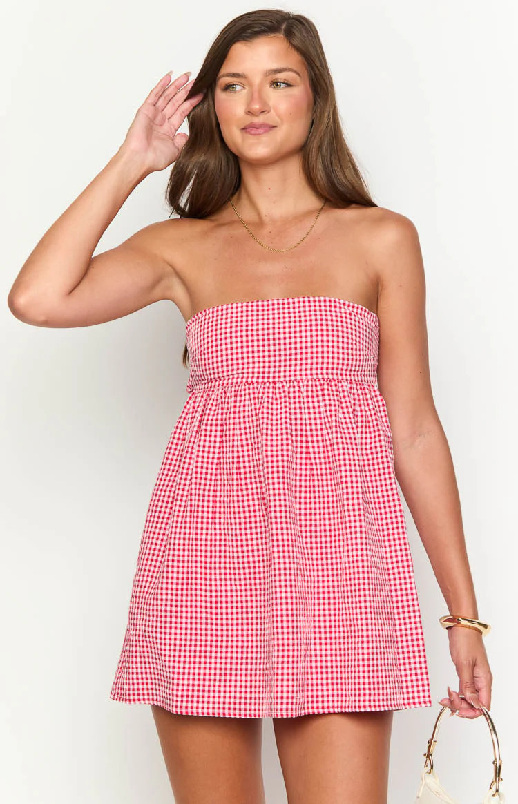 Berrie Red Gingham Strapless Mini Dress | Beginning Boutique (US)