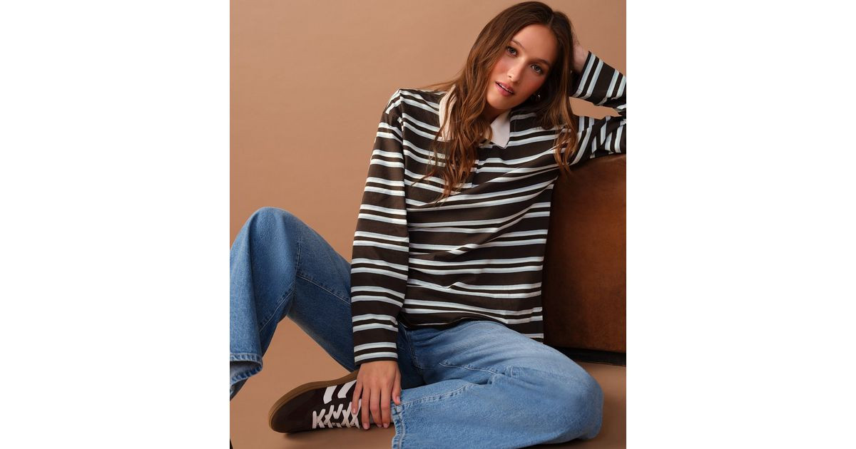 Brown Striped Long Sleeve Stripe Rugby Polo Top | New Look | New Look (UK)